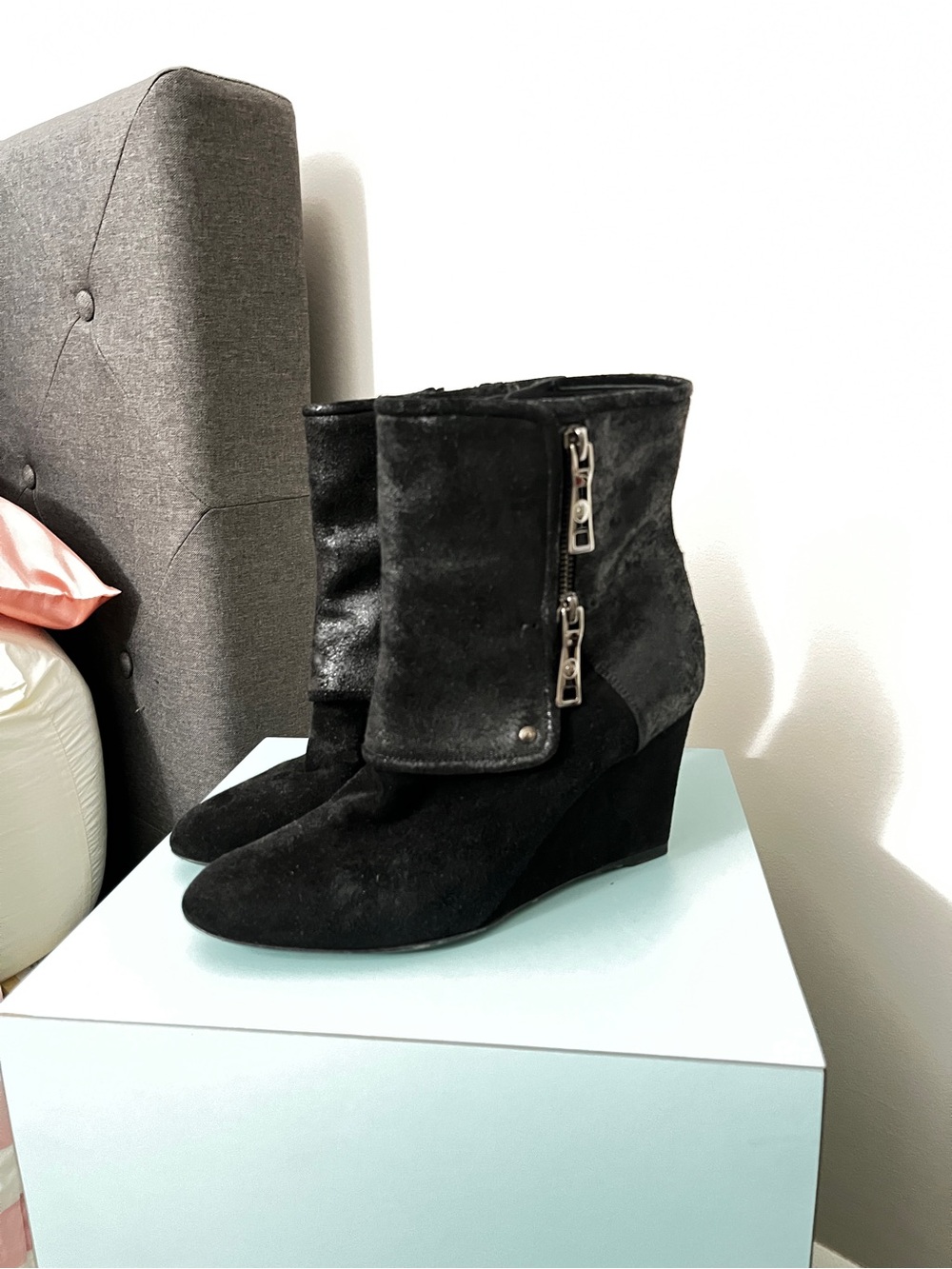 Vintage Christian Dior Women's Black Suede Wedge Ankle Boots with Side Zipper